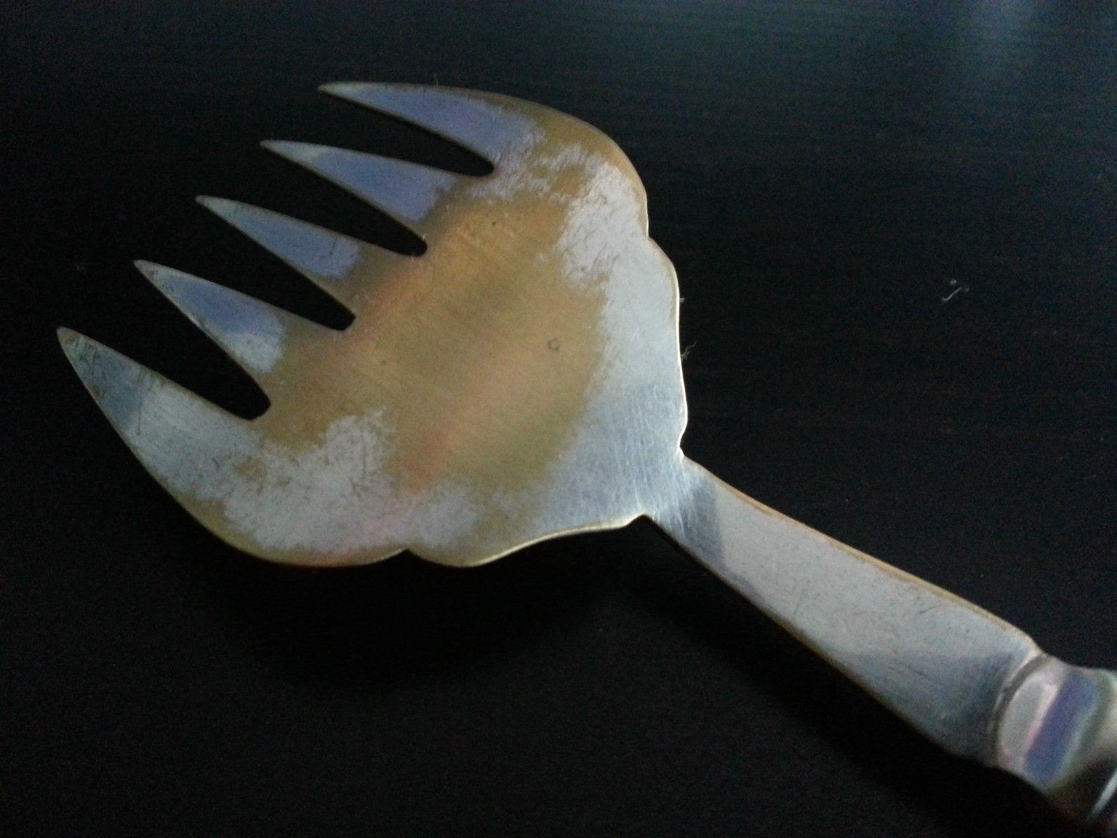 Antique silver plated ornamented fish fork mother of pearl handle MOP Nacre