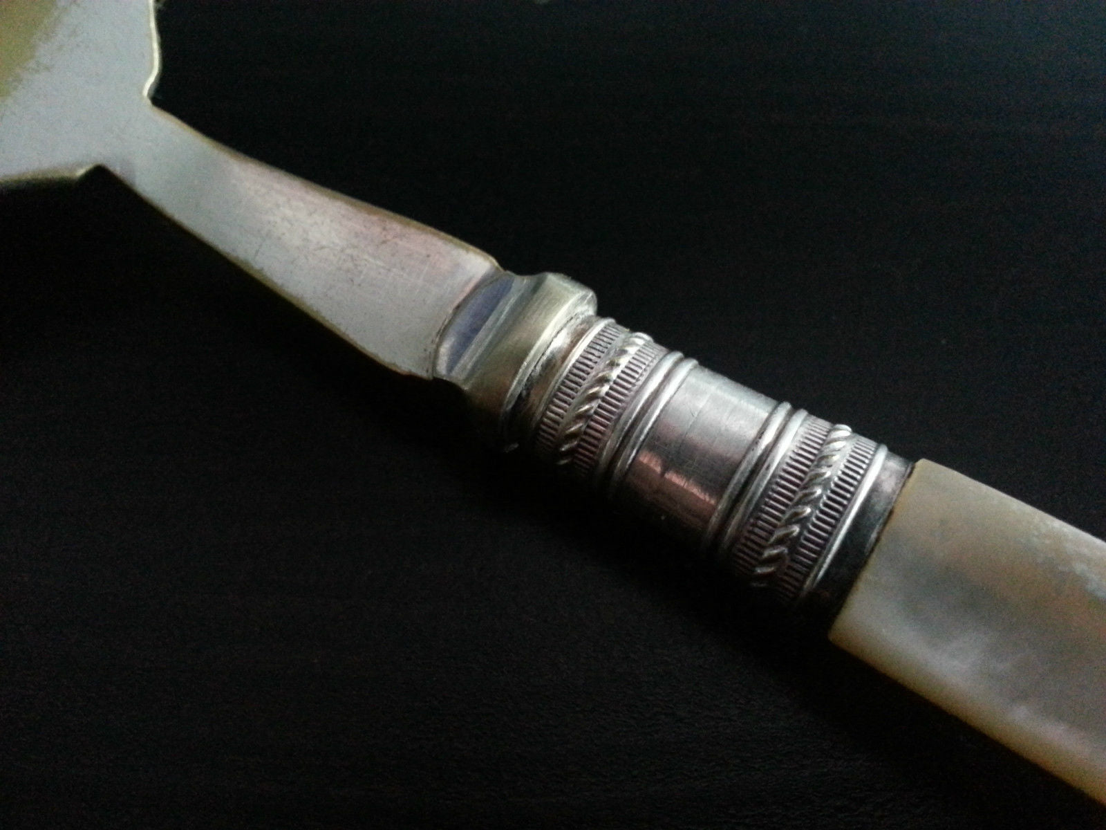 Antique silver plated ornamented fish fork mother of pearl handle MOP Nacre