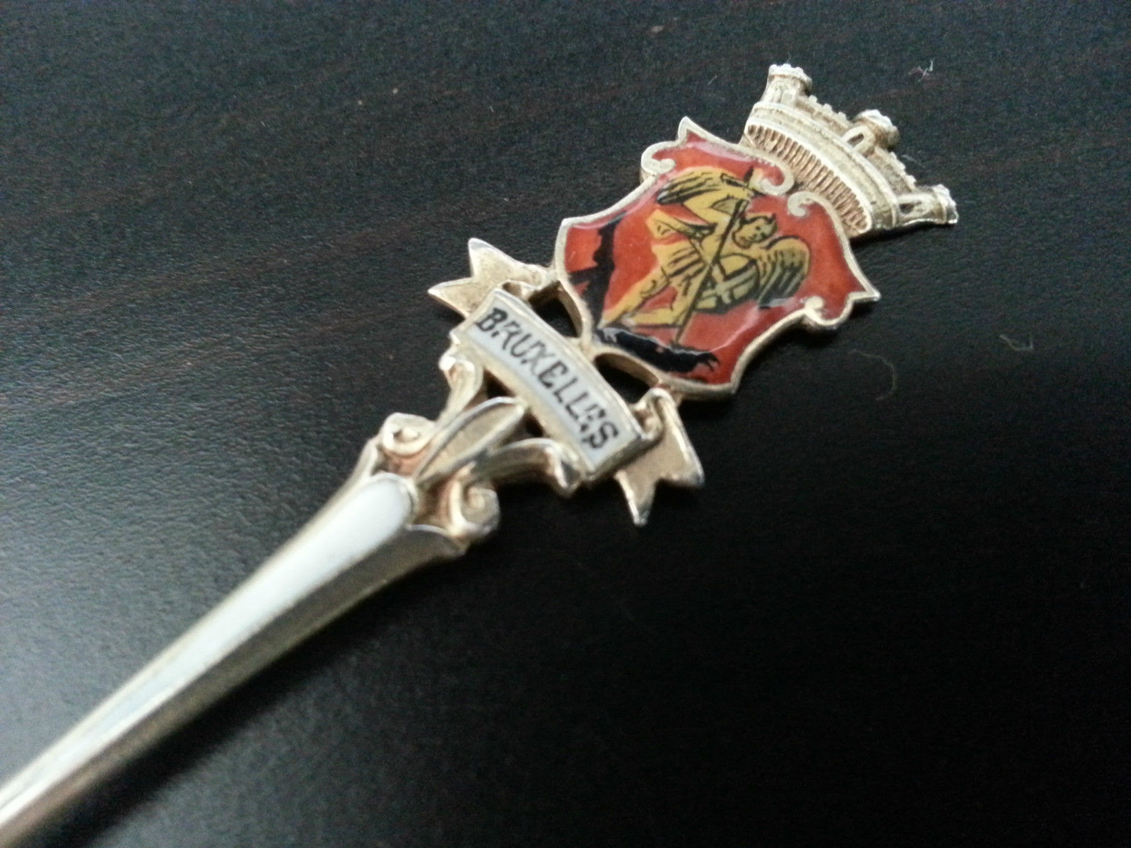 Antique enamel gold plated sterling silver spoon Brussels Belgium 800