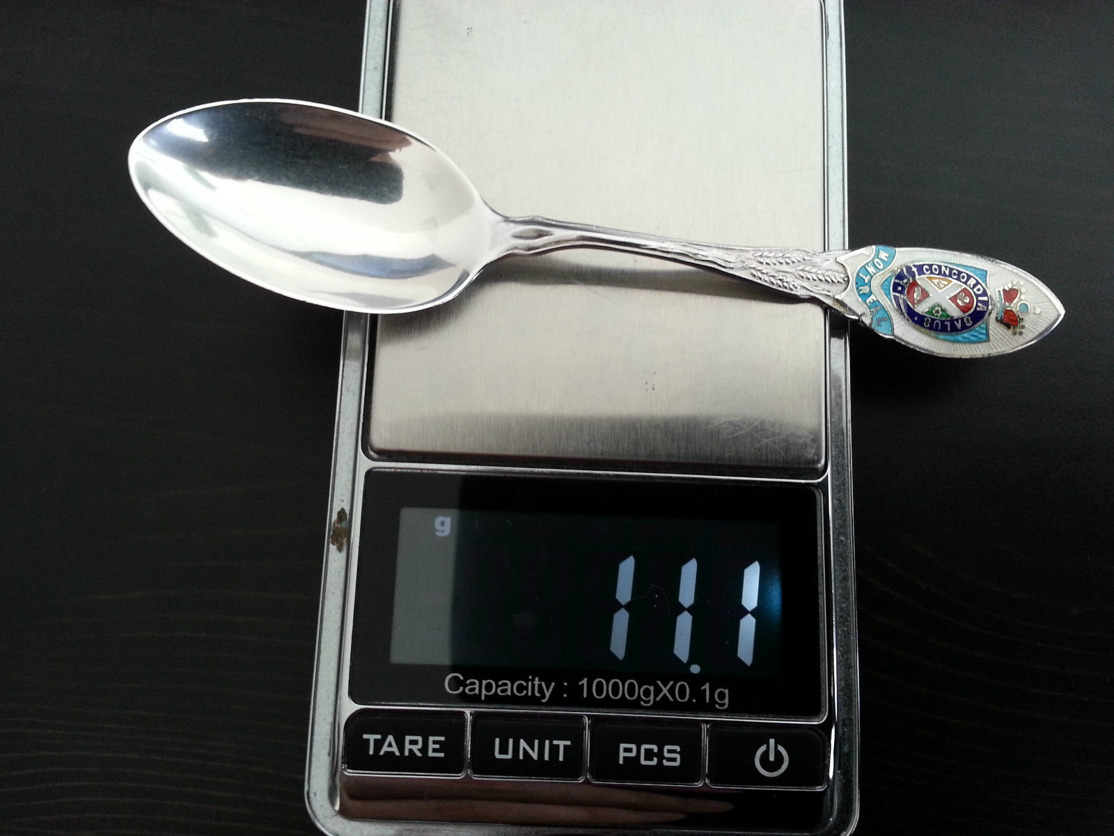 Montreal enamel picture solid silver spoon Concordia Salus Canada lion Sterling