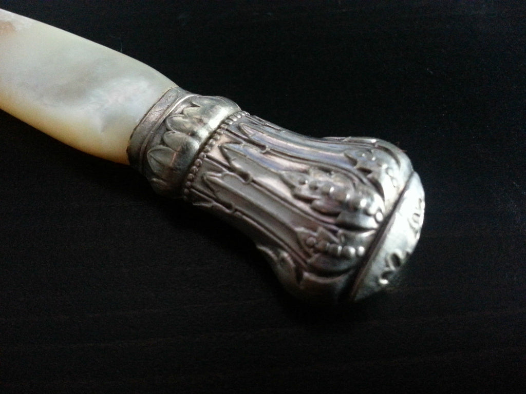Antique silver plated ornamented fish fork mother of pearl handle MOP Nacre