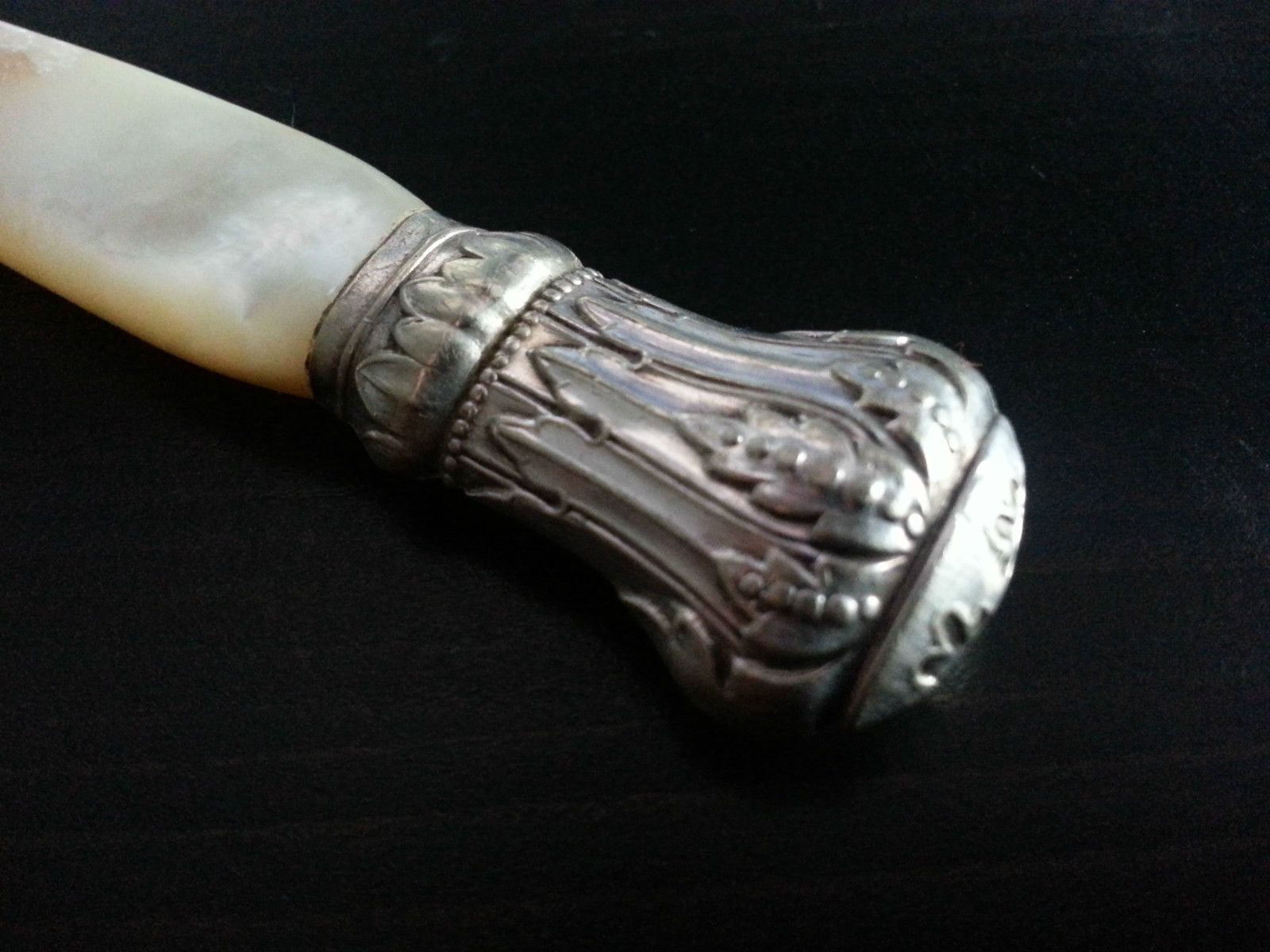 Antique silver plated ornamented fish fork mother of pearl handle MOP Nacre