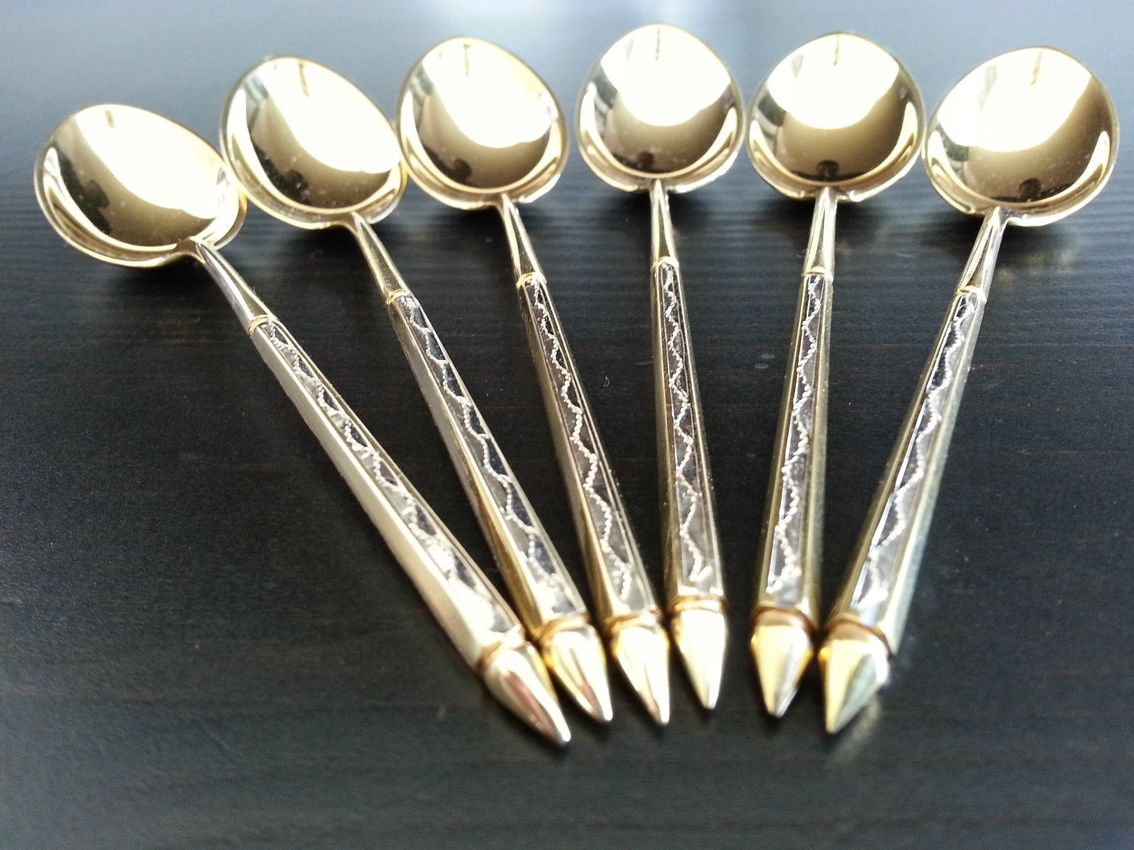 Juego vintage de seis cucharas de café y té doradas de plata maciza Dinamarca Sterling 925 S 55