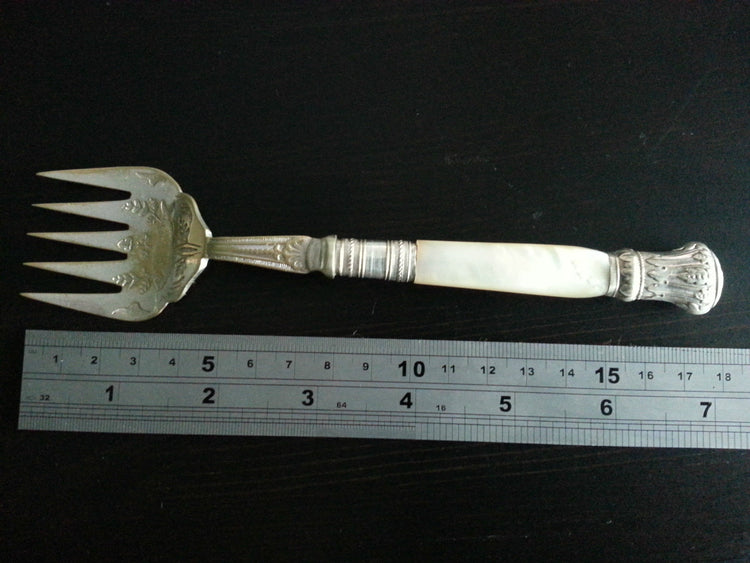 Antique silver plated ornamented fish fork mother of pearl handle MOP Nacre