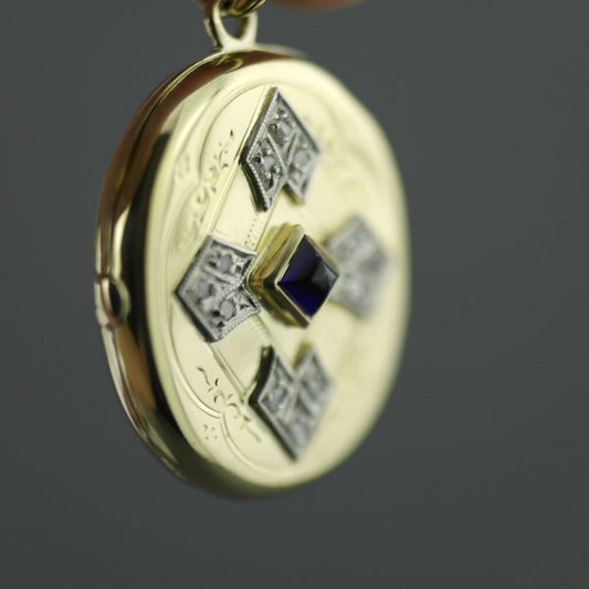 Antique 56 gold pendant locket pyramid sapphire and 12 diamonds Russian Empire