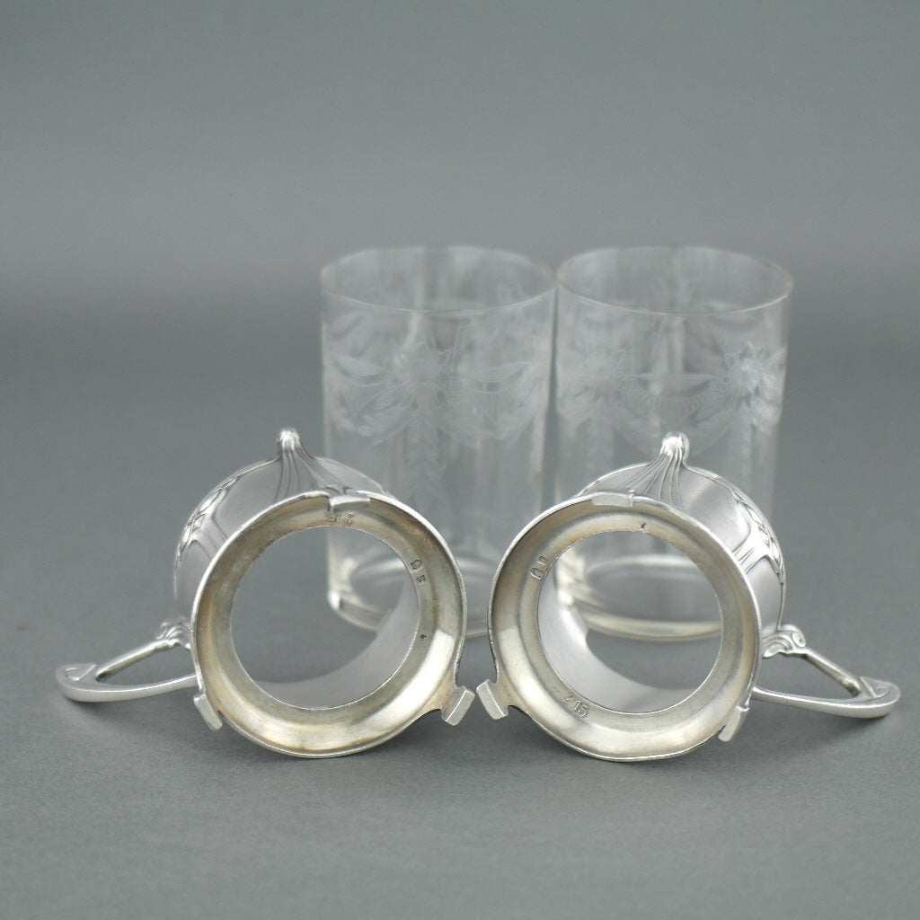 Antique Art Nouveau WMF pair glass holders cups Albin Muller Britannia metal