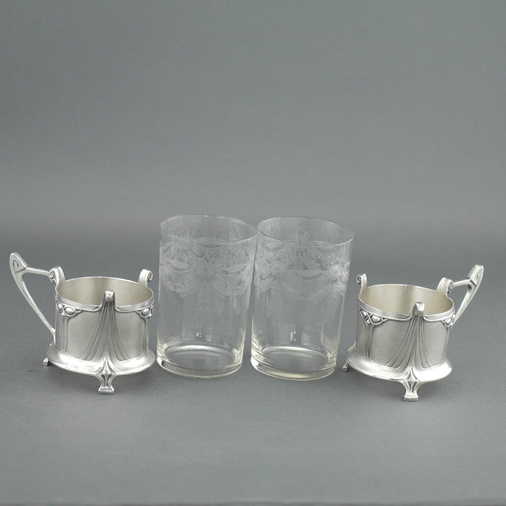 Antique Art Nouveau WMF pair glass holders cups Albin Muller Britannia metal