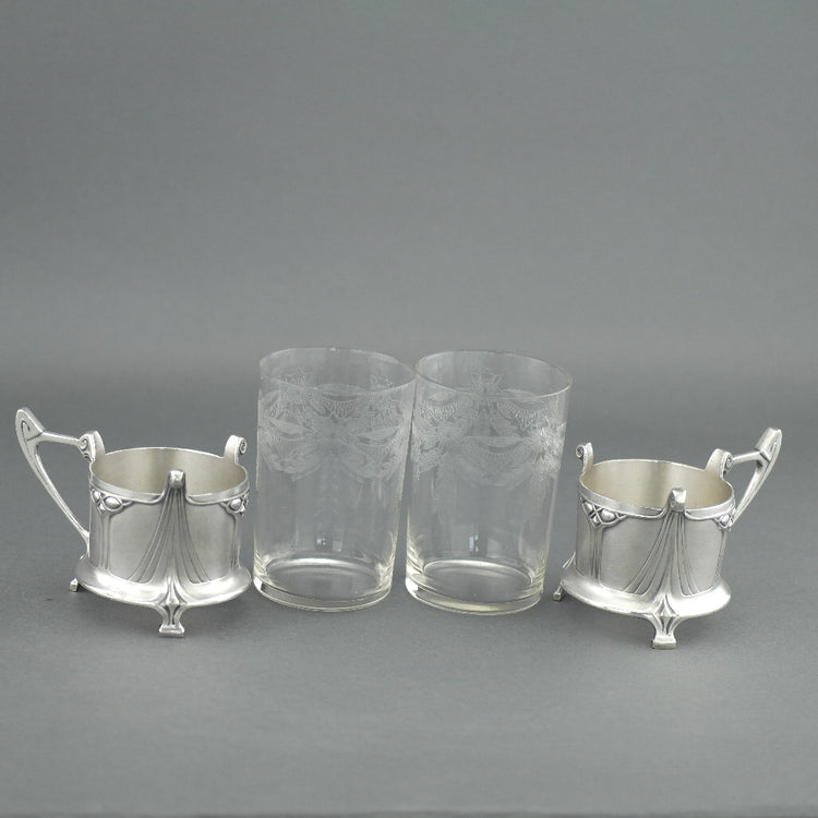 Antique Art Nouveau WMF pair glass holders cups Albin Muller Britannia metal