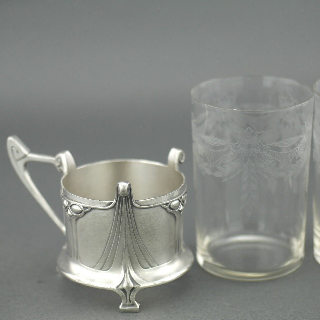 Antique Art Nouveau WMF pair glass holders cups Albin Muller Britannia metal