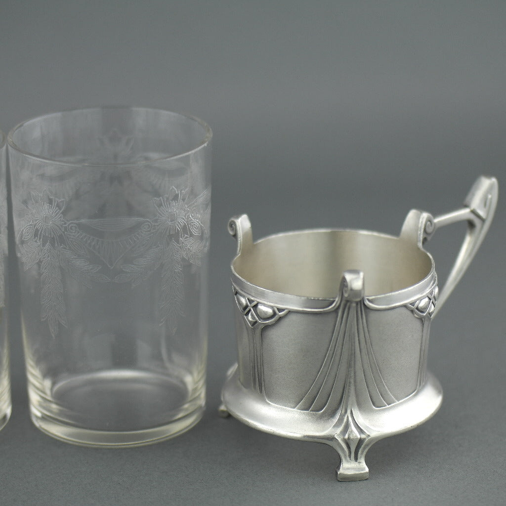 Antique Art Nouveau WMF pair glass holders cups Albin Muller Britannia metal