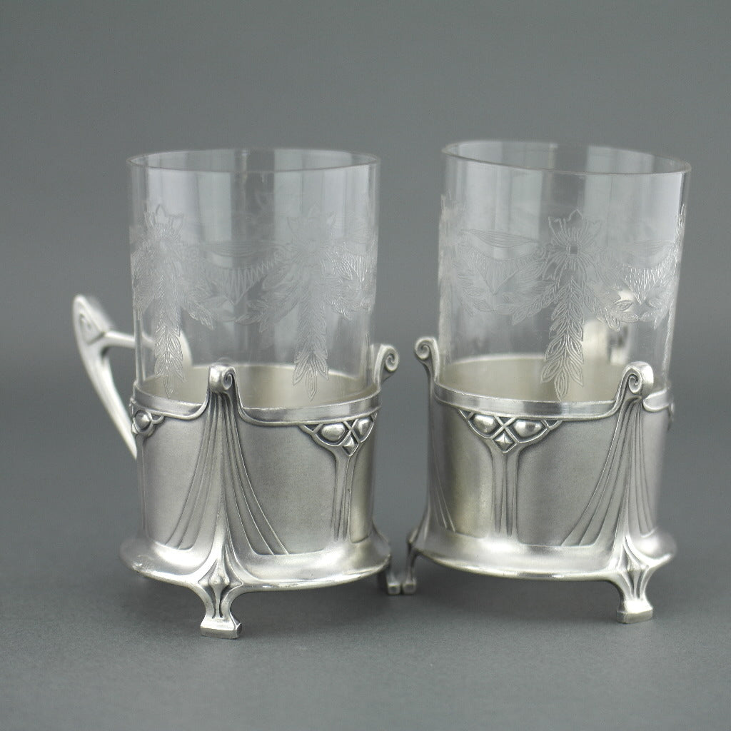 Antique Art Nouveau WMF pair glass holders cups Albin Muller Britannia metal