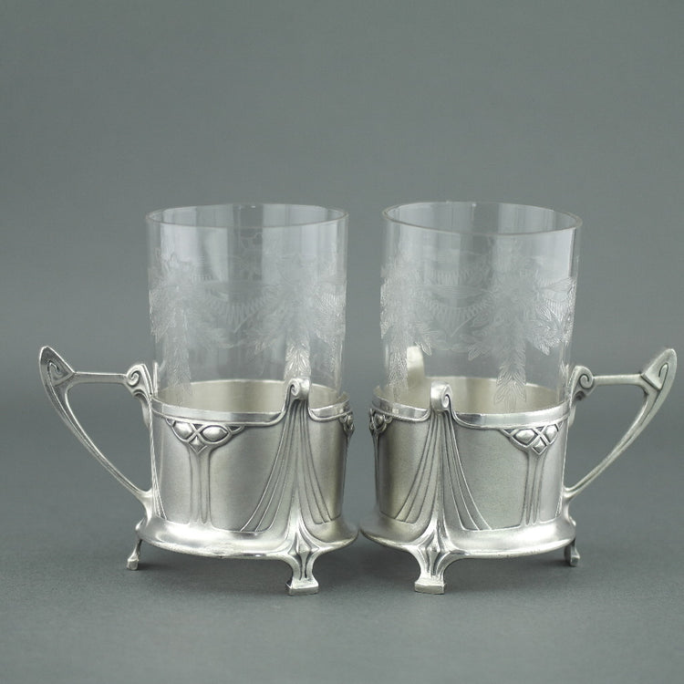 Antique Art Nouveau WMF pair glass holders cups Albin Muller Britannia metal