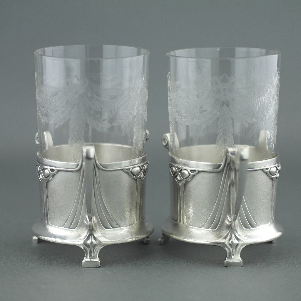 Antique Art Nouveau WMF pair glass holders cups Albin Muller Britannia metal