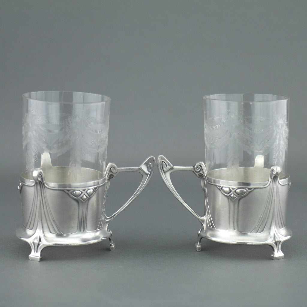 Antique Art Nouveau WMF pair glass holders cups Albin Muller Britannia metal
