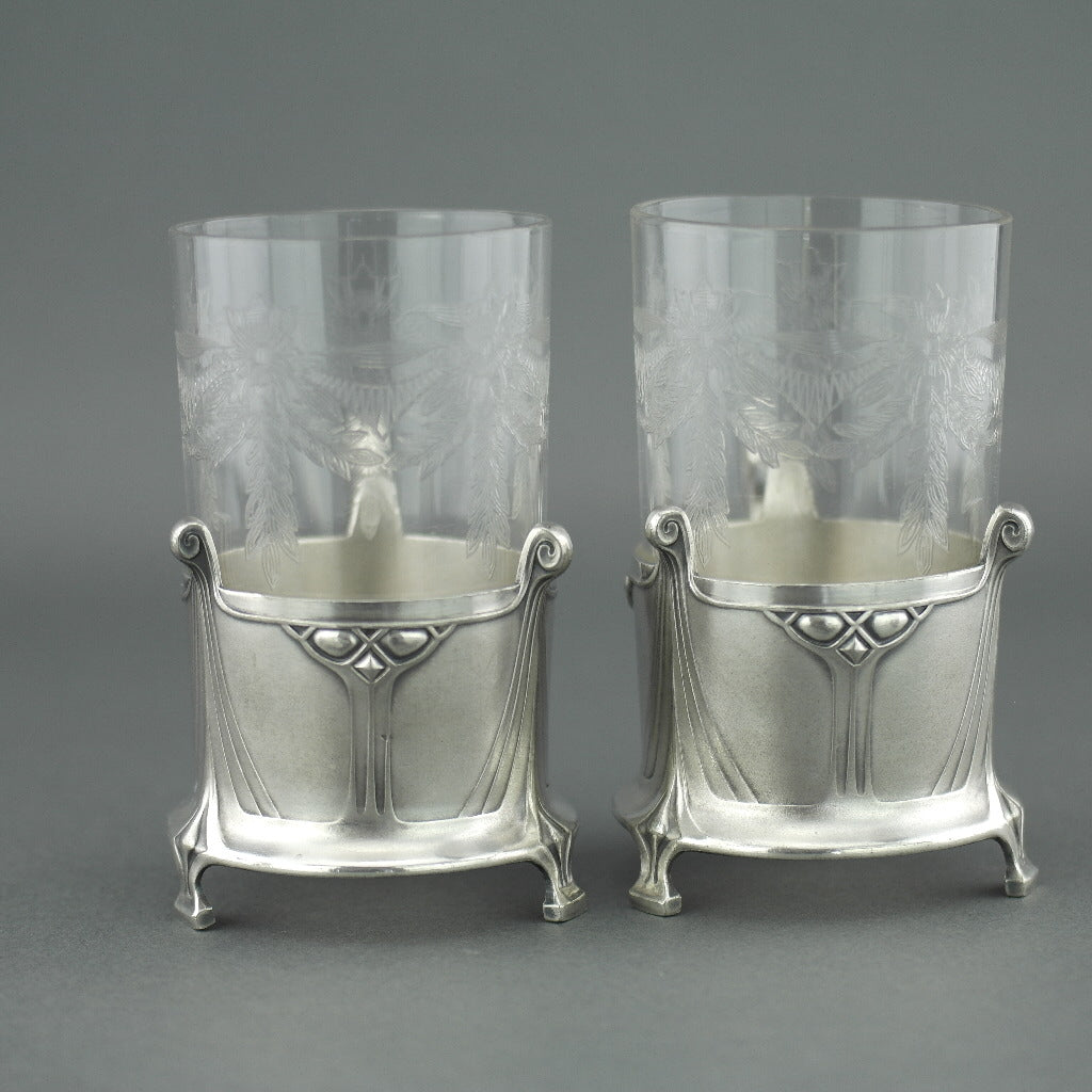Antique Art Nouveau WMF pair glass holders cups Albin Muller Britannia metal
