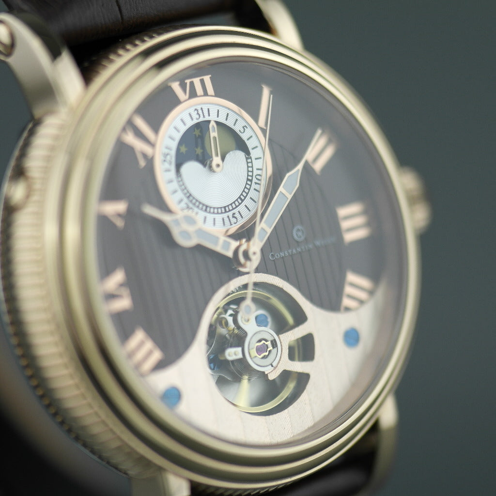 Constantin Weisz 35 Jewels vergoldete Automatik-Armbanduhr Day Night für Herren mit braunem Zifferblatt
