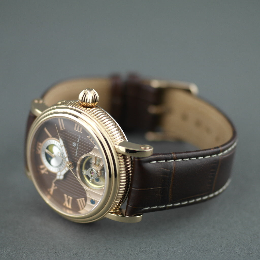 Constantin Weisz 35 Jewels vergoldete Automatik-Armbanduhr Day Night für Herren mit braunem Zifferblatt