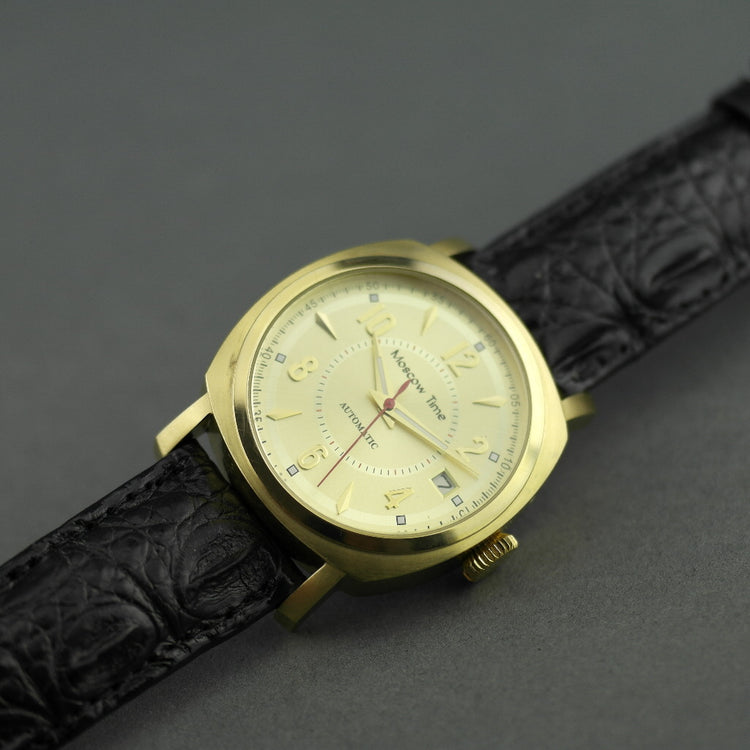 Moscow Time Gent's gold plated Automatic wrist watch with black Crocodile leather strap