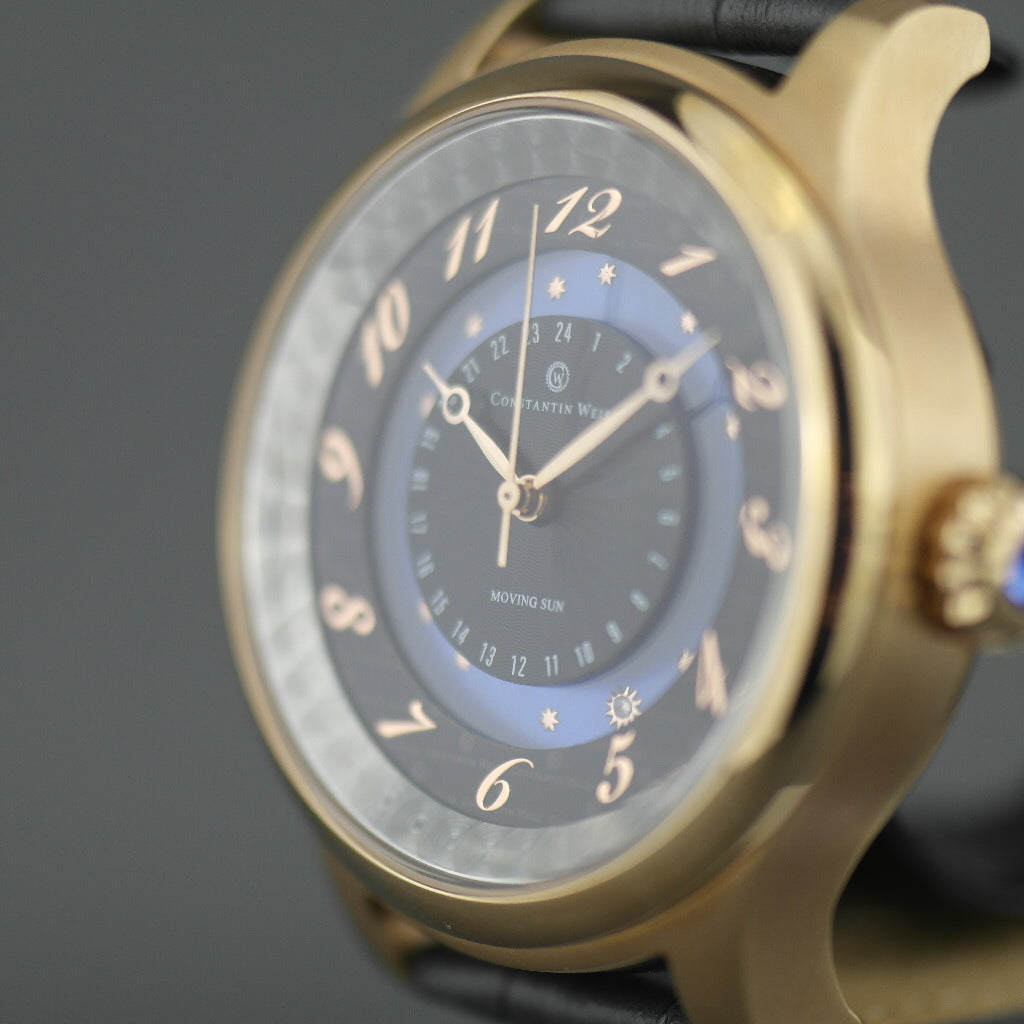 Constantin Weisz 35 Jewels vergoldete Automatik-Armbanduhr für Herren mit beweglicher Sonne und blauer Emaille