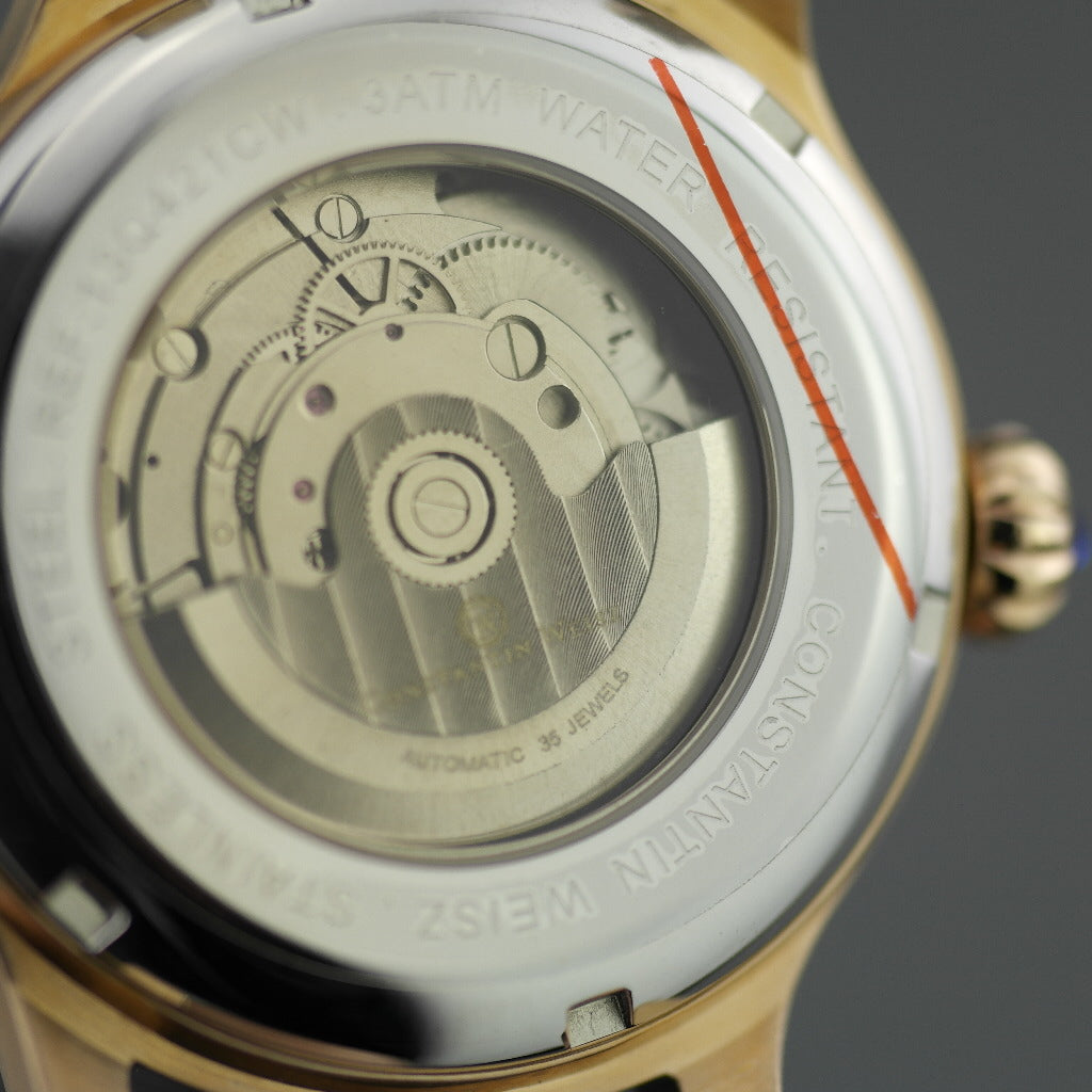 Constantin Weisz 35 Jewels vergoldete Automatik-Armbanduhr für Herren mit beweglicher Sonne und blauer Emaille