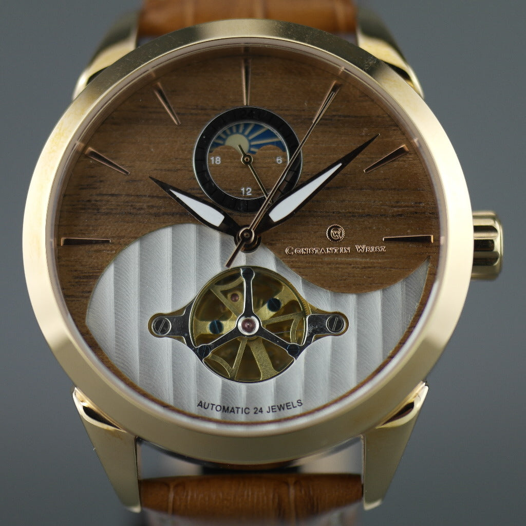 Constantin Weisz 24 Jewels vergoldete Automatik-Armbanduhr Day Night für Herren mit Holzzifferblatt