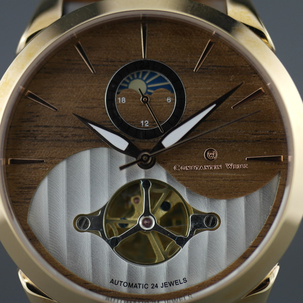 Constantin Weisz 24 Jewels vergoldete Automatik-Armbanduhr Day Night für Herren mit Holzzifferblatt