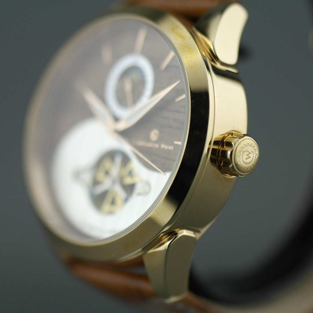 Constantin Weisz 24 Jewels vergoldete Automatik-Armbanduhr Day Night für Herren mit Holzzifferblatt
