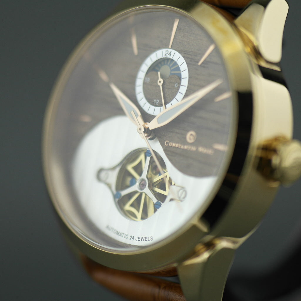 Constantin Weisz 24 Jewels vergoldete Automatik-Armbanduhr Day Night für Herren mit Holzzifferblatt