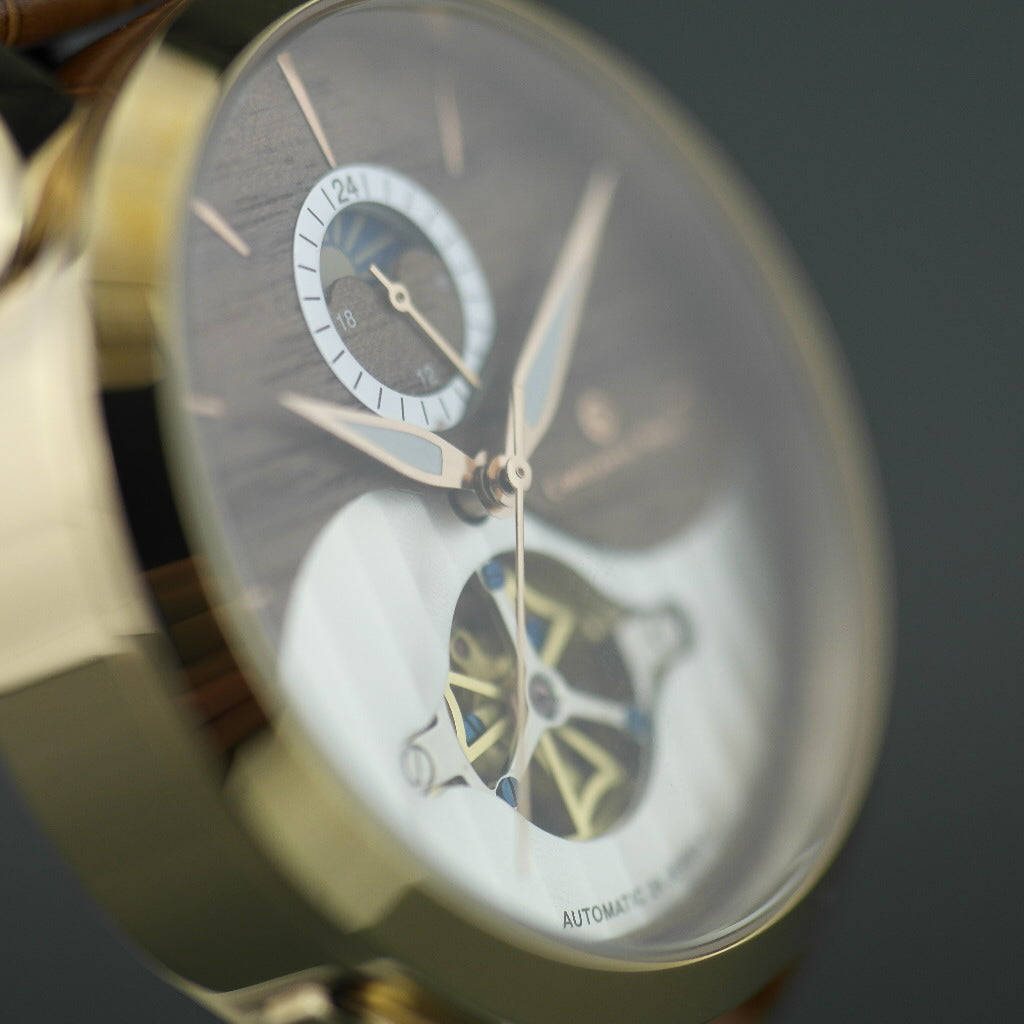 Constantin Weisz 24 Jewels vergoldete Automatik-Armbanduhr Day Night für Herren mit Holzzifferblatt