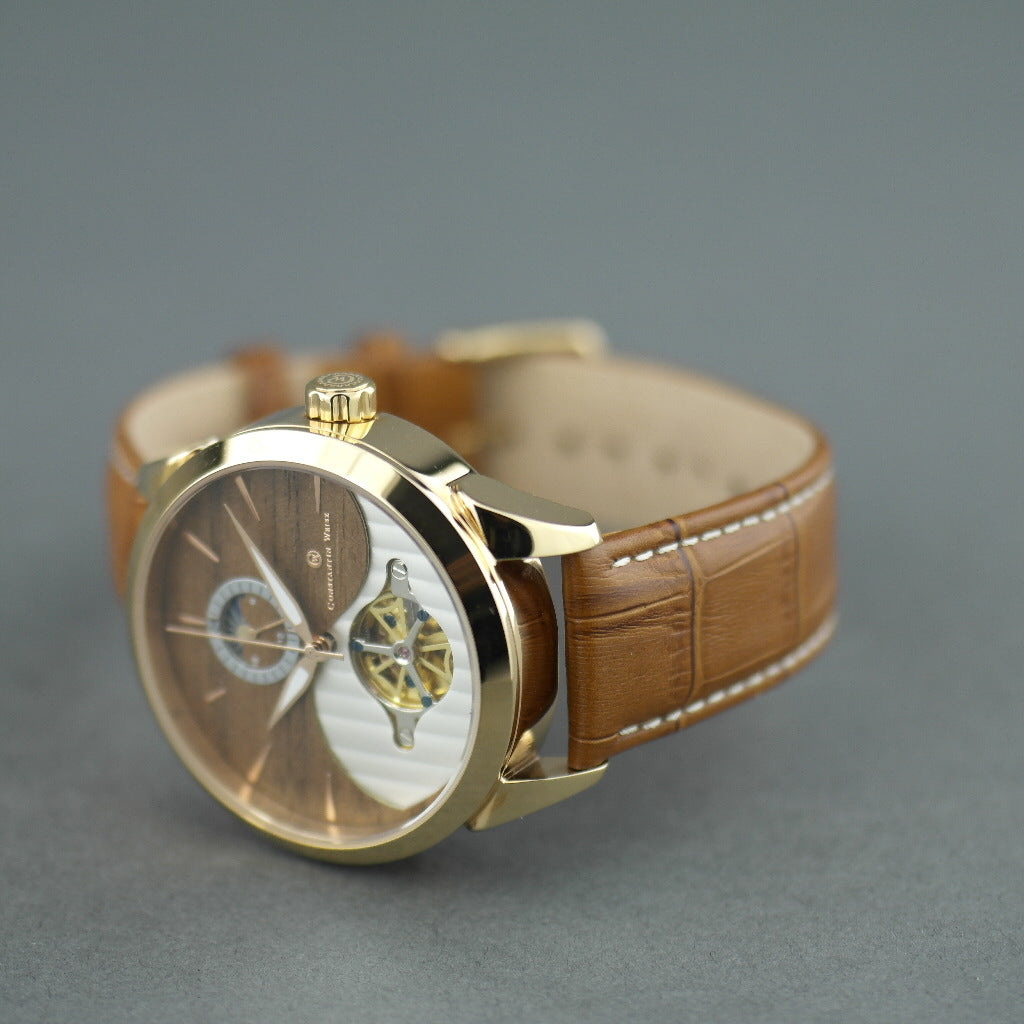 Constantin Weisz 24 Jewels vergoldete Automatik-Armbanduhr Day Night für Herren mit Holzzifferblatt