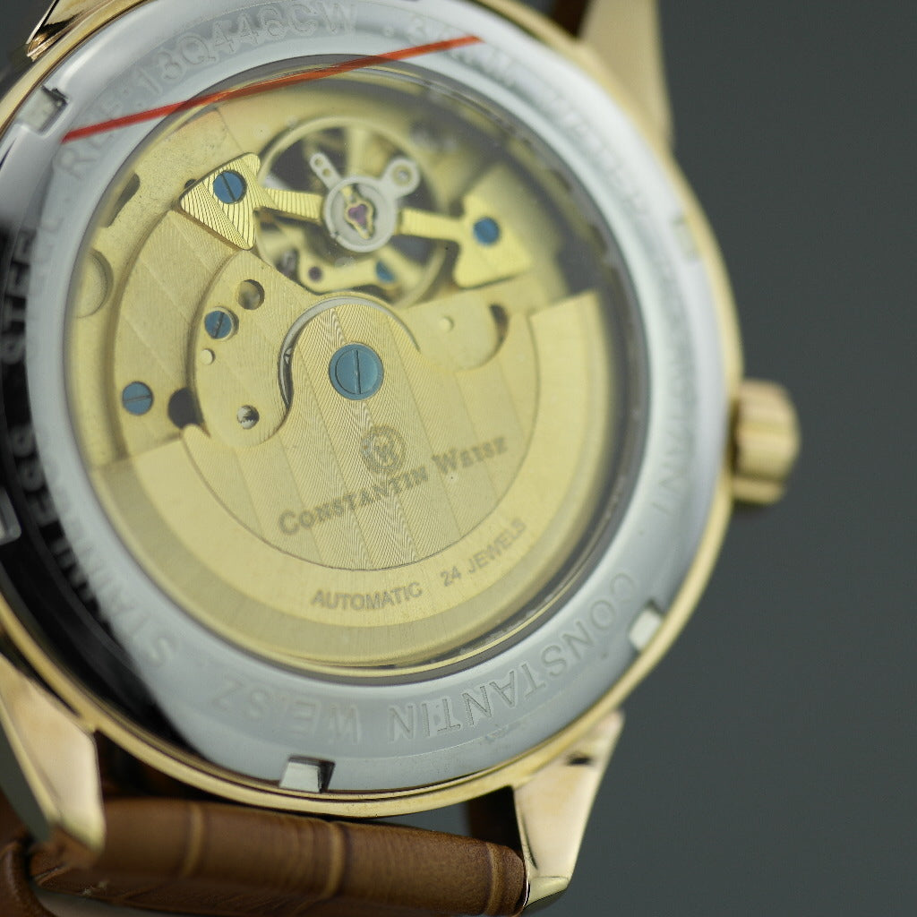Constantin Weisz 24 Jewels vergoldete Automatik-Armbanduhr Day Night für Herren mit Holzzifferblatt