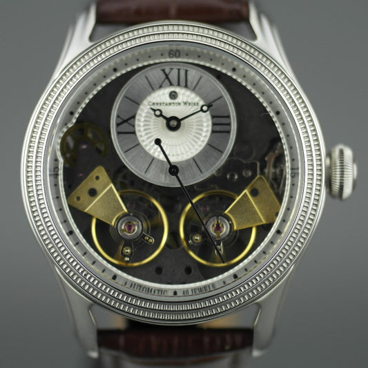 Constantin Weisz Reloj de pulsera automático con volante doble para caballero, 40 joyas, correa de cuero