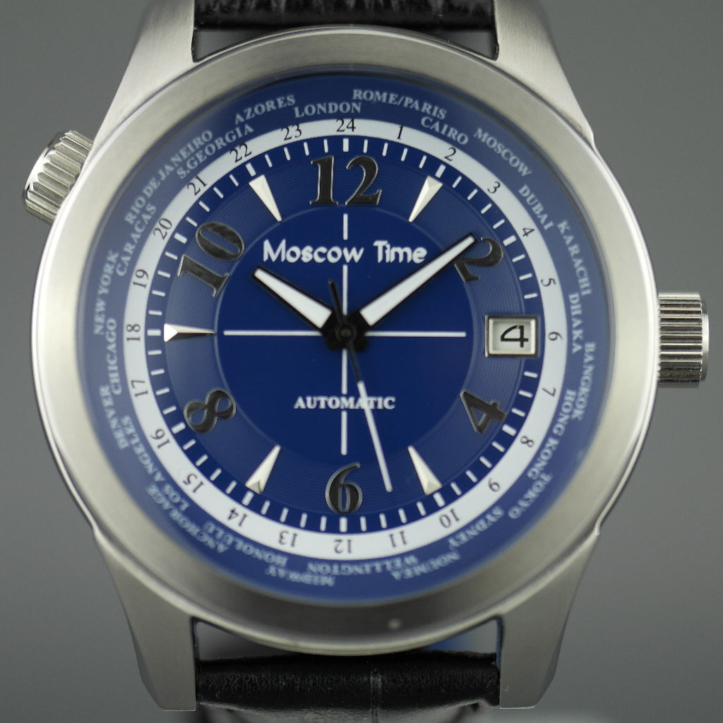 Moskauer Zeit, Weltzeituhr, 27 Steine, automatische Herrenarmbanduhr, blaues Zifferblatt 