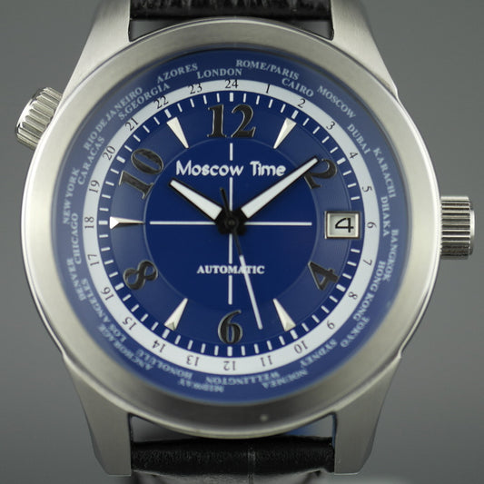 Hora de Moscú, un cronómetro mundial, 27 joyas, reloj de pulsera automático para caballero, esfera azul 