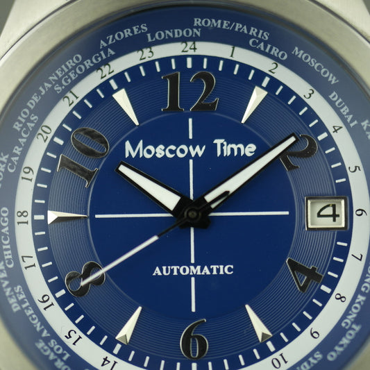 Moskauer Zeit, Weltzeituhr, 27 Steine, automatische Herrenarmbanduhr, blaues Zifferblatt 