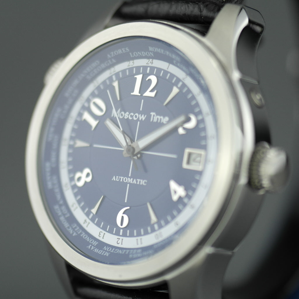 Moskauer Zeit, Weltzeituhr, 27 Steine, automatische Herrenarmbanduhr, blaues Zifferblatt 