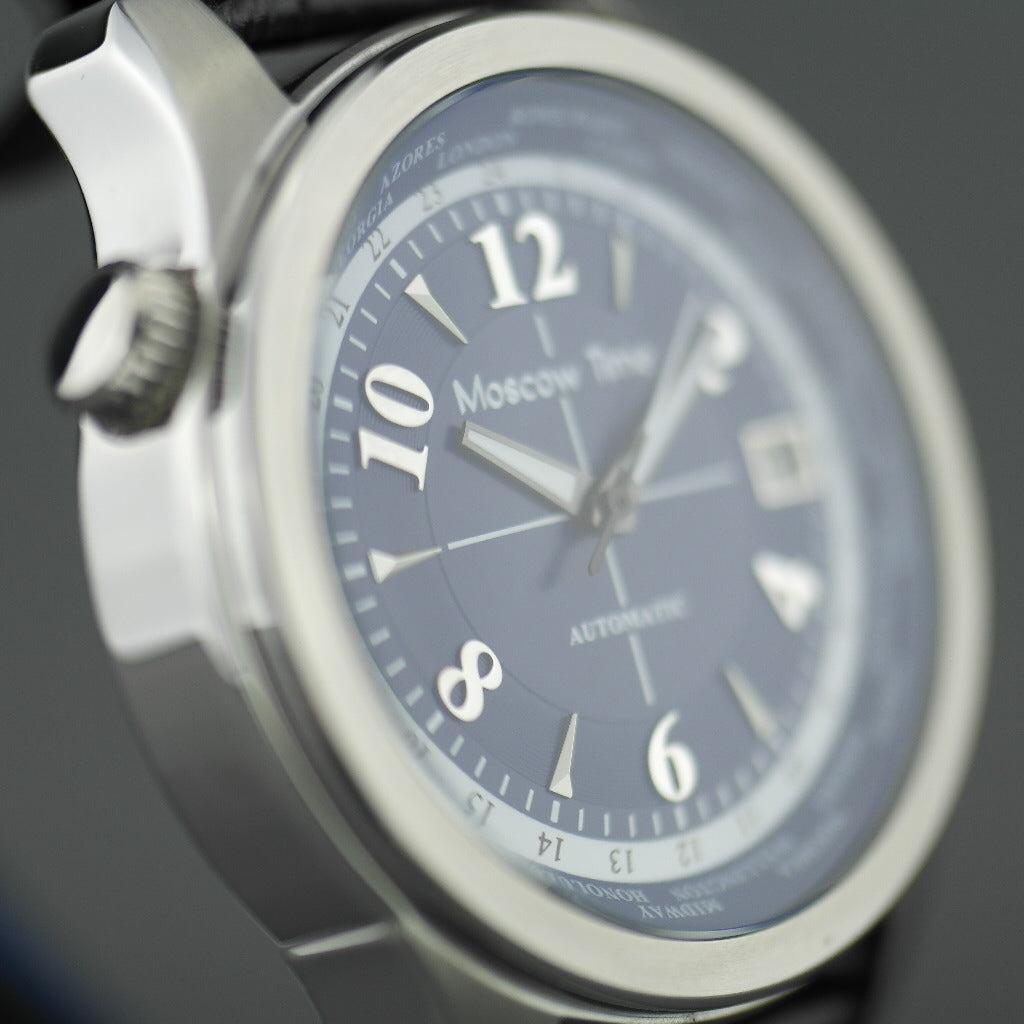 Moskauer Zeit, Weltzeituhr, 27 Steine, automatische Herrenarmbanduhr, blaues Zifferblatt 