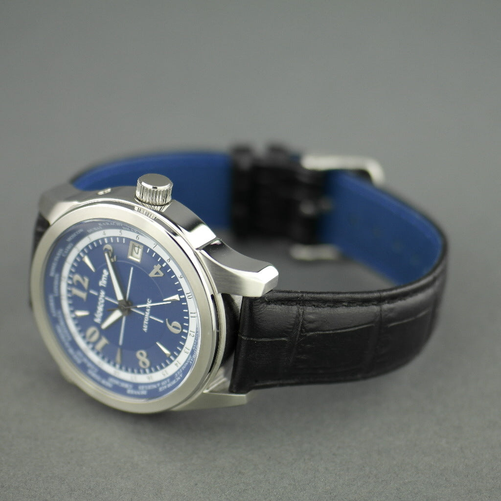 Moskauer Zeit, Weltzeituhr, 27 Steine, automatische Herrenarmbanduhr, blaues Zifferblatt 
