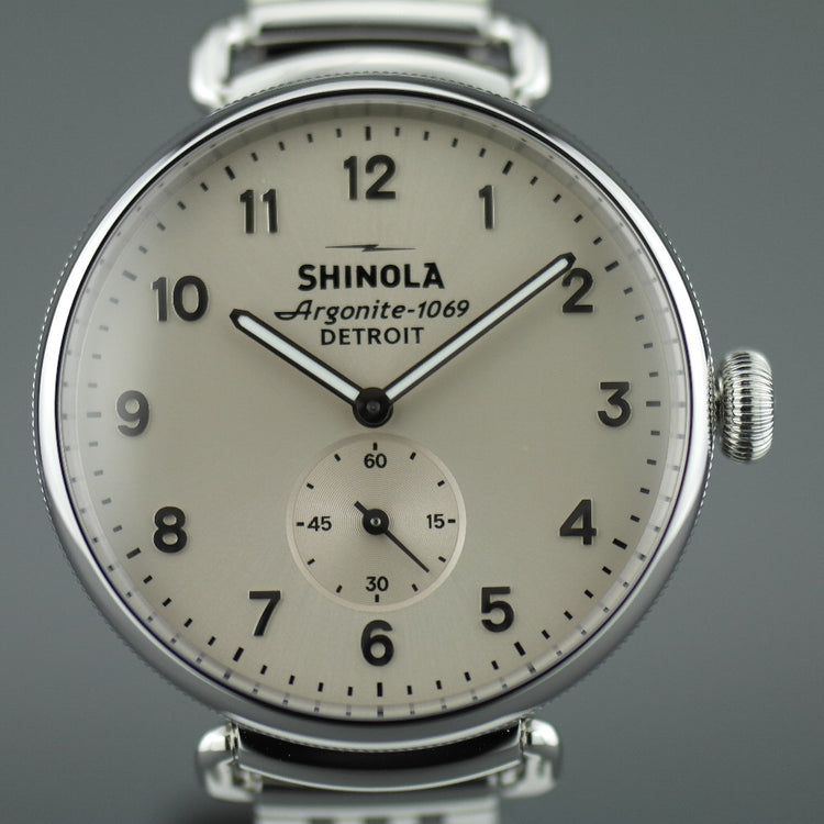 Shinola The Canfield wrist watch with sandy dunes of Michigan’s grey dial