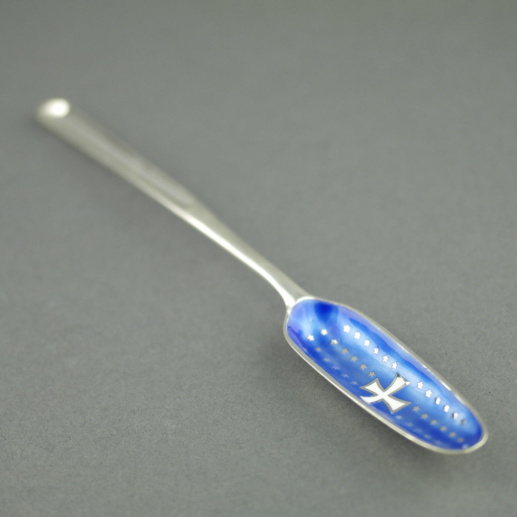 Antique Denmark Sterling silver Marrow Scoop spoon with enamel Cross Crest