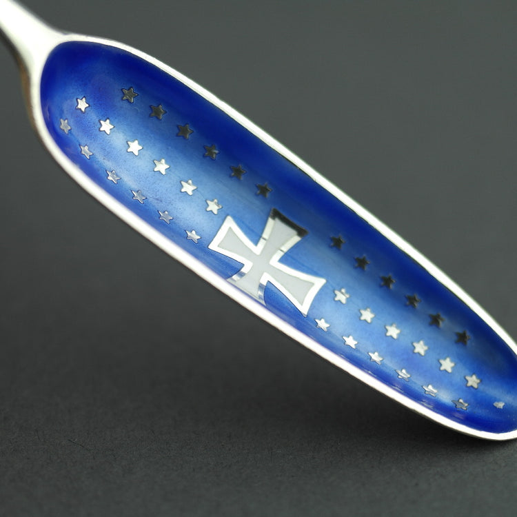 Antique Denmark Sterling silver Marrow Scoop spoon with enamel Cross Crest