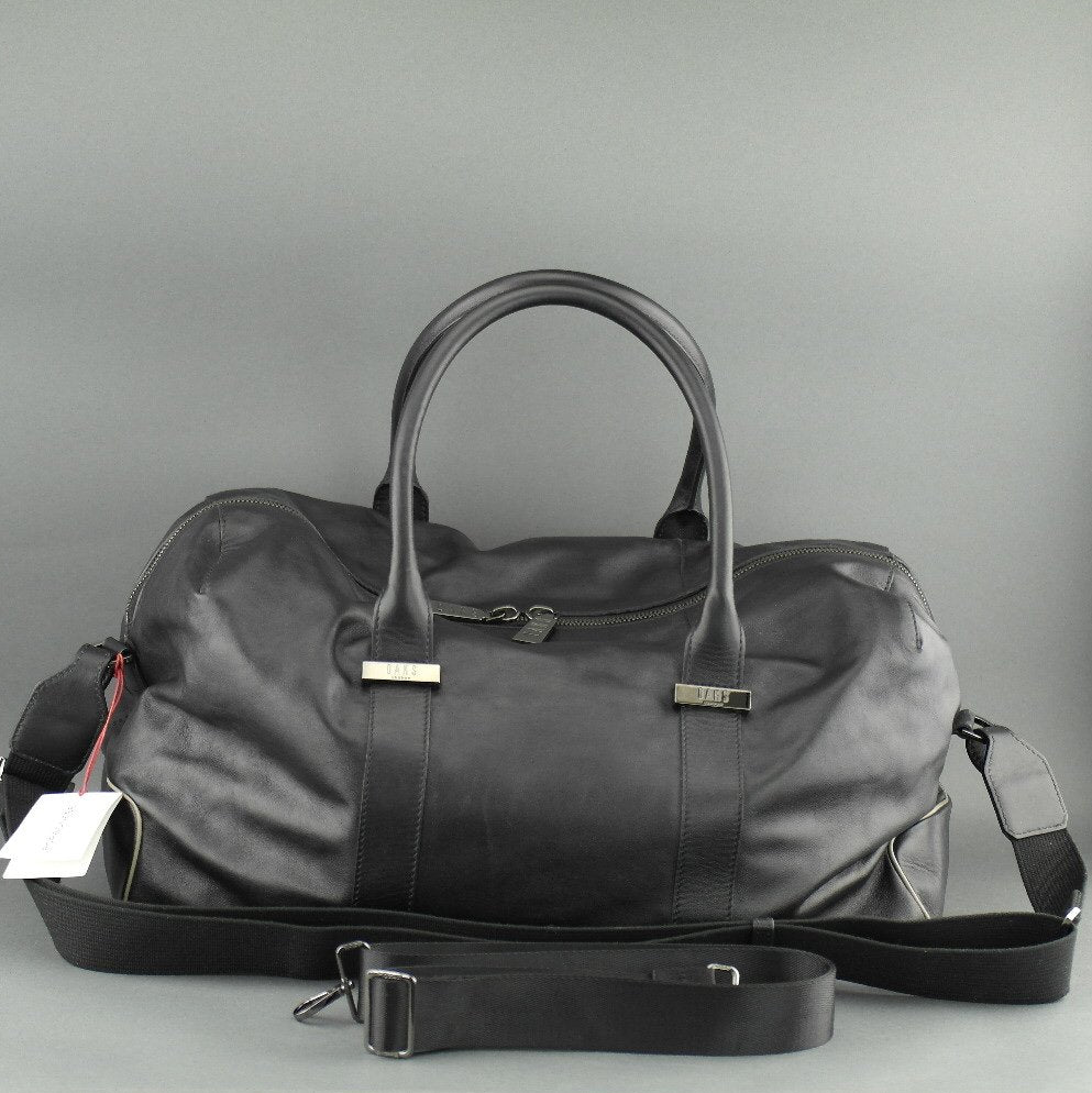 DAKS London Signature Borbonese große schwarze Sporttasche aus echtem Leder mit Nylonfutter 