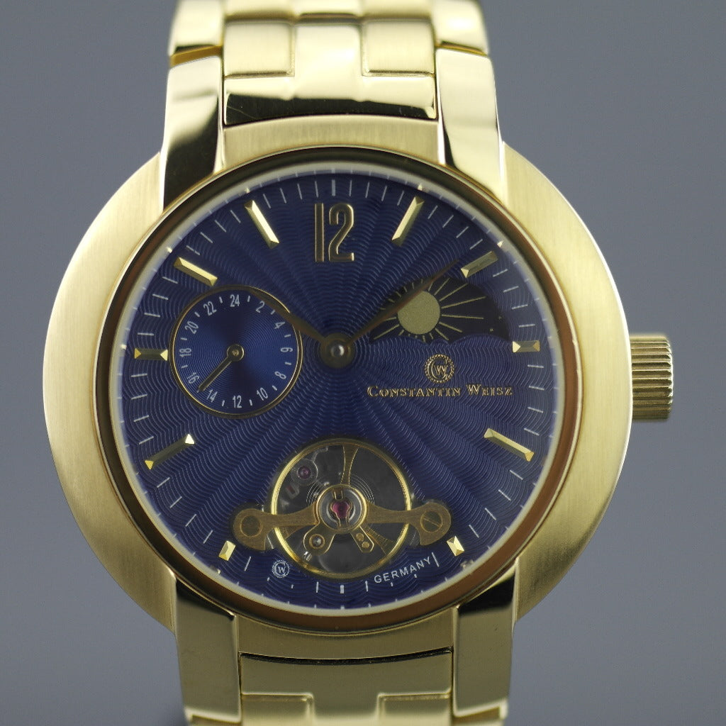 Constantin Weisz mechanical wrist watch gold plated with blue dial and box