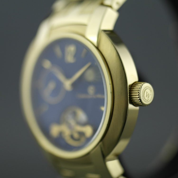 Mechanische Armbanduhr von Constantin Weisz, vergoldet, mit blauem Zifferblatt und Box 
