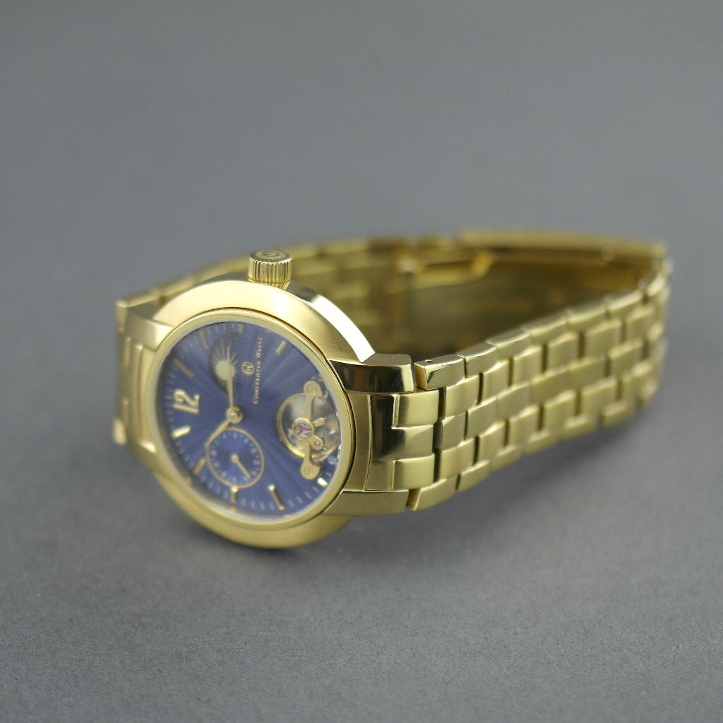 Constantin Weisz mechanical wrist watch gold plated with blue dial and box