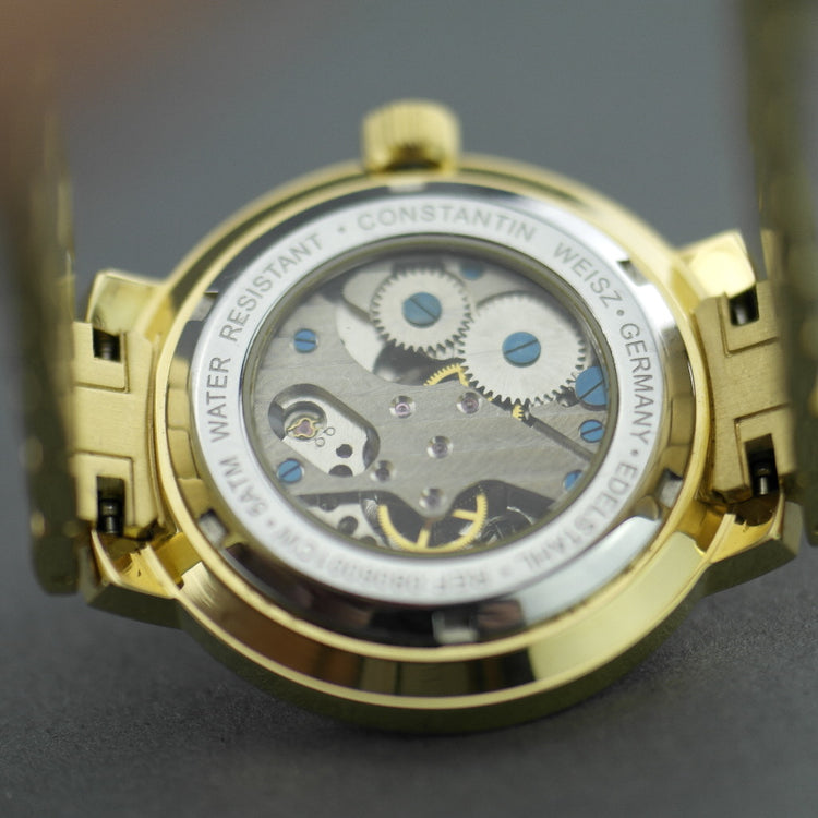 Mechanische Armbanduhr von Constantin Weisz, vergoldet, mit blauem Zifferblatt und Box 