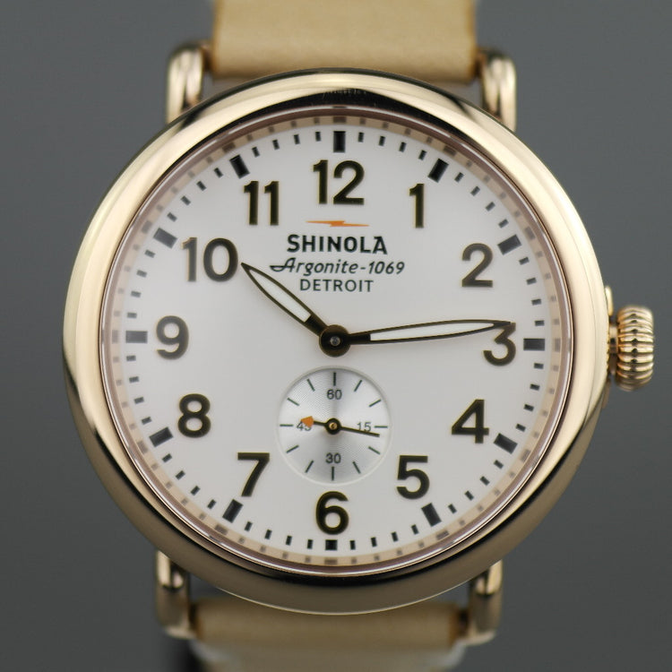 Shinola The Runwell wristwatch with silver dial and natural leather strap