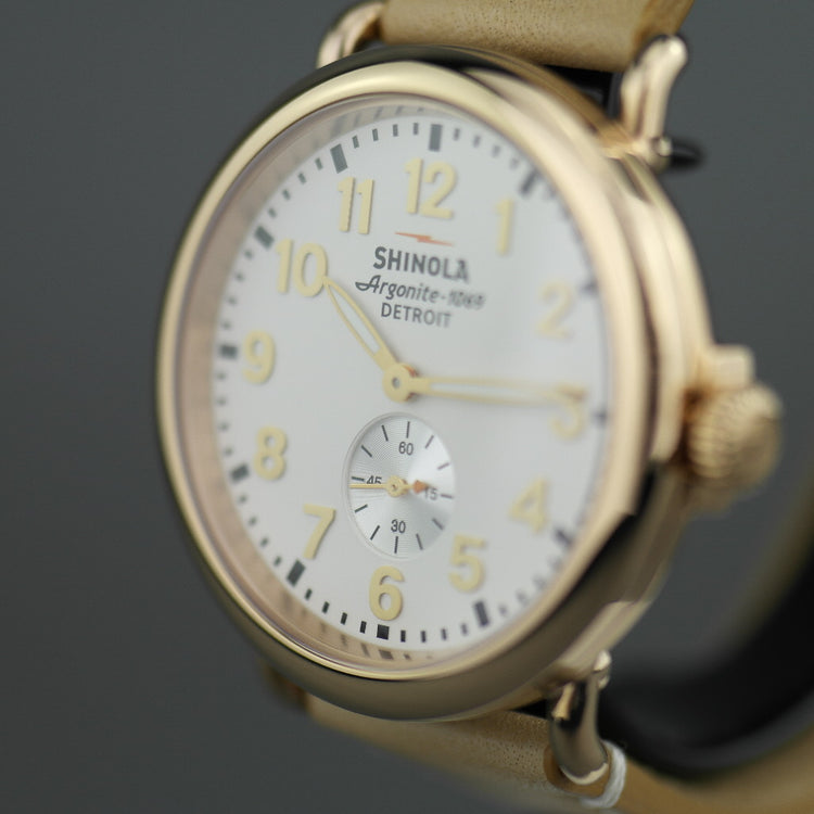Shinola The Runwell wristwatch with silver dial and natural leather strap