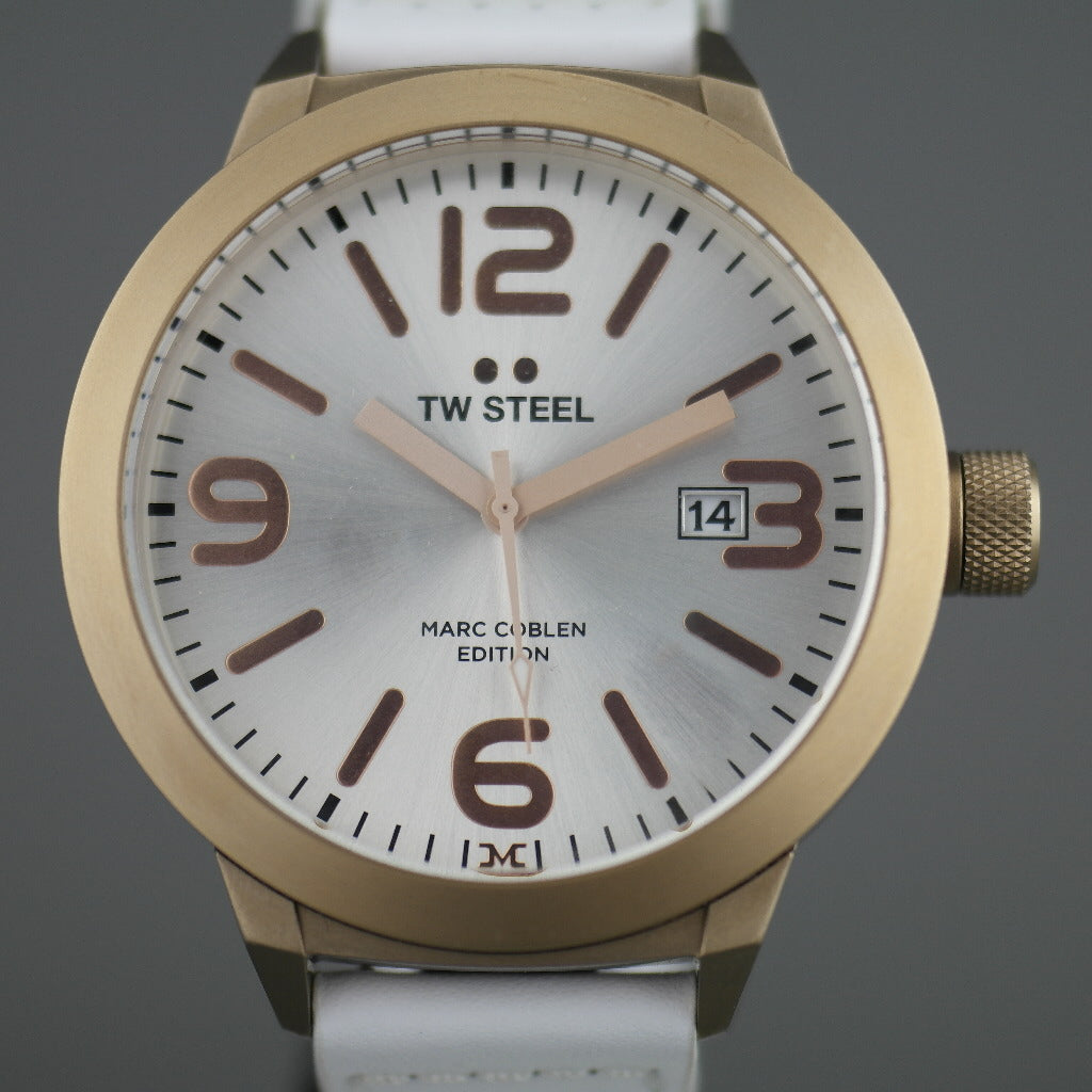 TW Steel Marc Coblen Edition wrist watch with silver dial and white leather strap