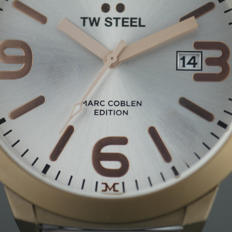 TW Steel Marc Coblen Edition wrist watch with silver dial and white leather strap